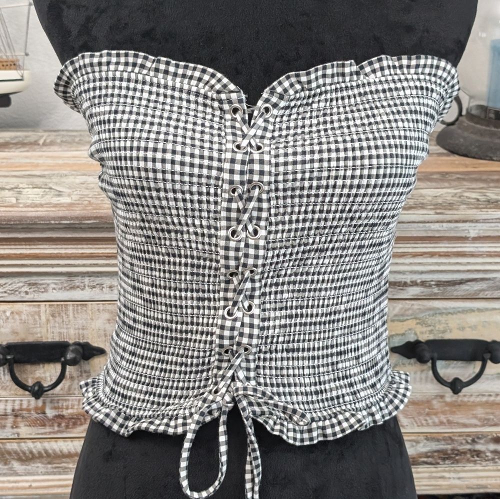 NWT Express One Eleven Black White Gingham Strapless Lace Up Top Size Medium